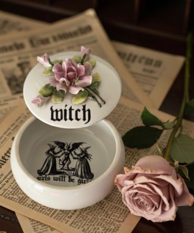 Vintage Porcelain Trinket Box - Witch Themed / Bonbonniere